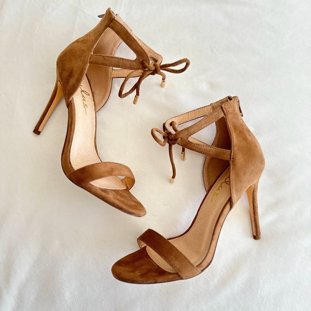 Camel Faux Suede Ankle Strap Heels